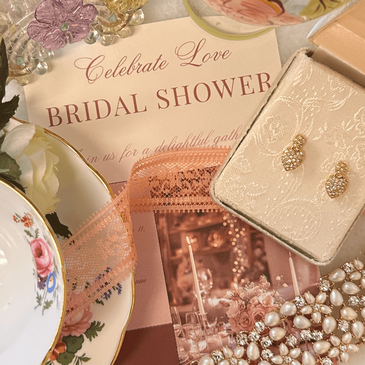 Flat lay image of Bridal Shower vintage jewelry.