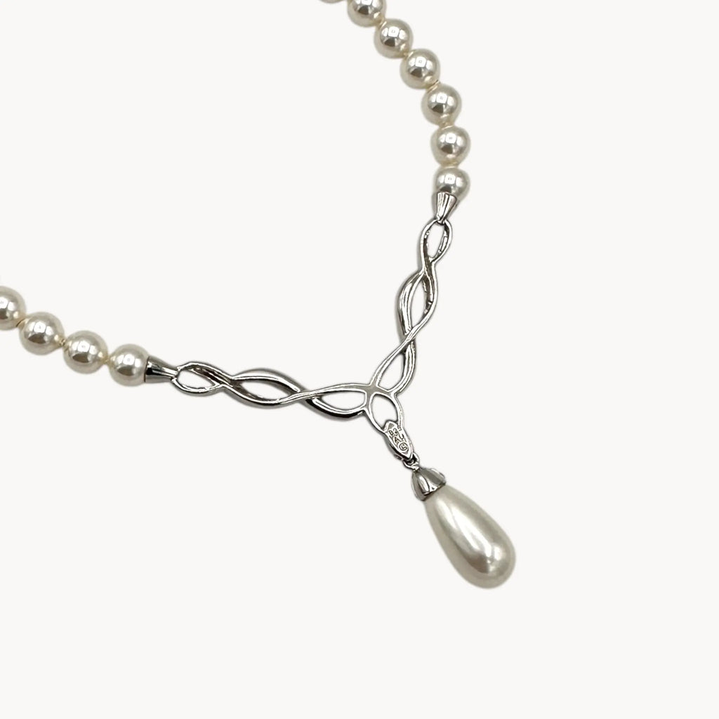 Artistique Sterling Silver Faux Pearl Strand Necklace with Rhinestone Drop Pendant