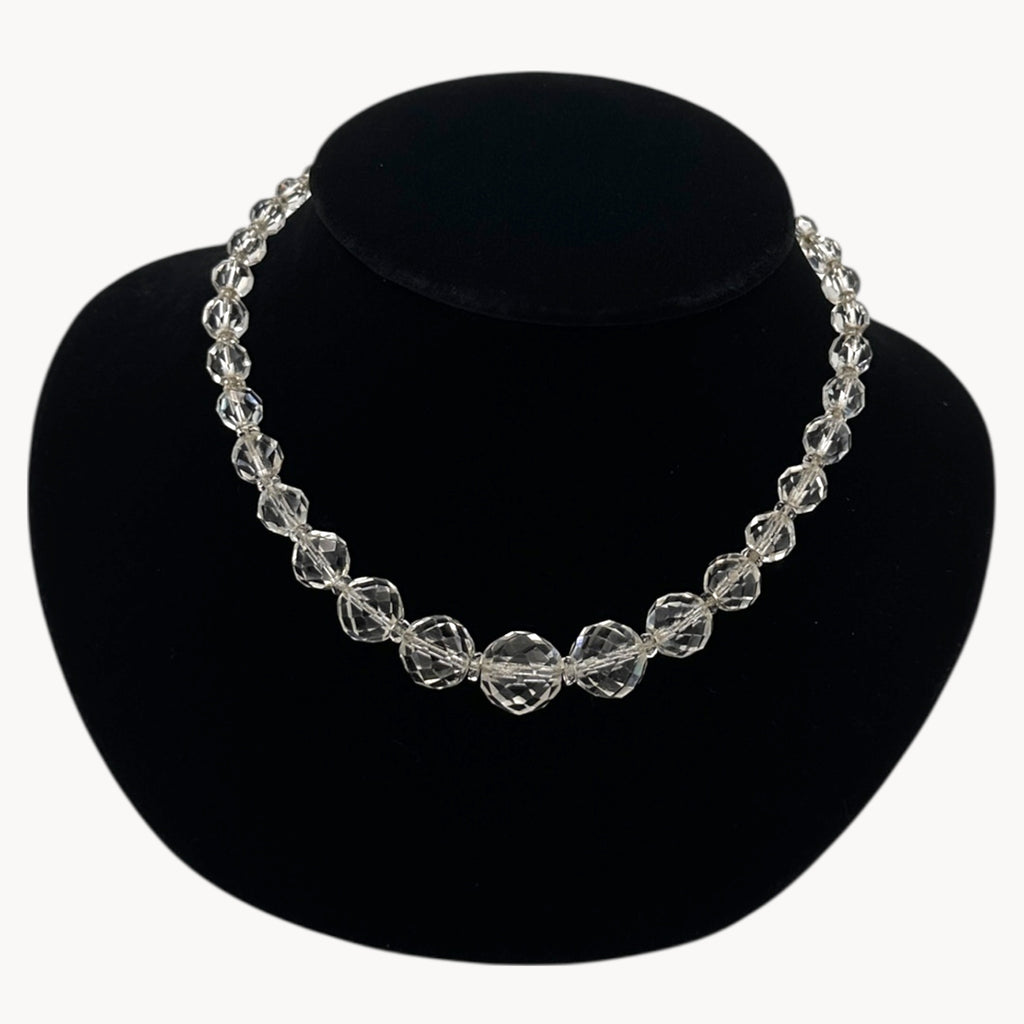 Art Deco White Gold-Filled Graduated Clear Faceted Crystal Bead Vintage 1940s Necklace