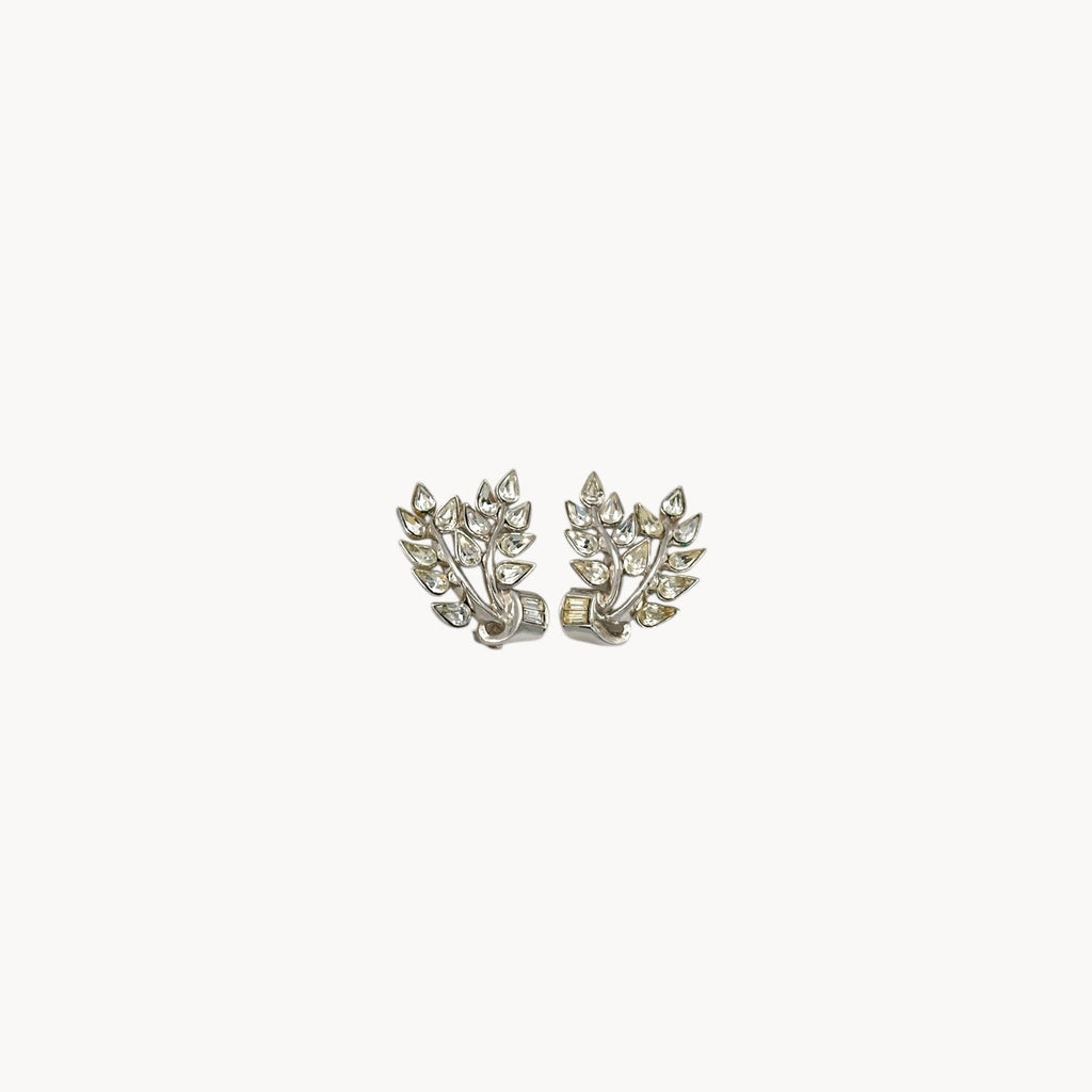Vintage Trifari Floral Rhinestone Crawler Clip-On Earrings Trifari