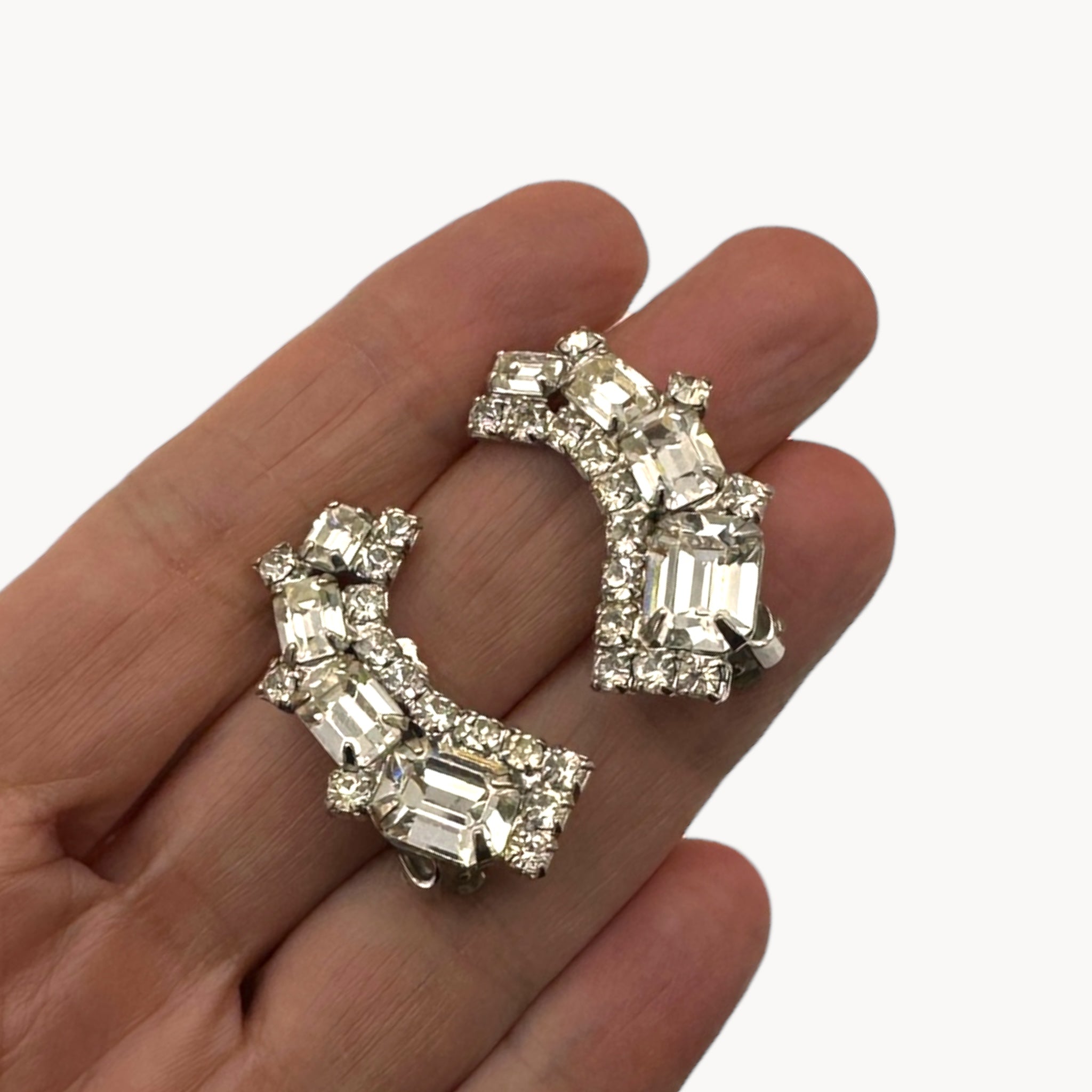 Vintage Weiss Rhinestone Crawler Clip-On Earrings Weiss