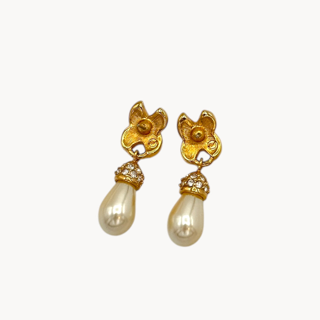 Vintage Swarovski Swan Signed Pearl Dangle Pierced Earrings Swarovski