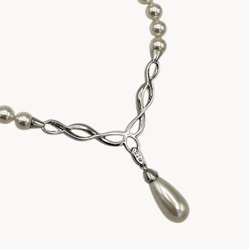 Artistique Sterling Silver Faux Pearl Strand Necklace with Rhinestone Drop Pendant