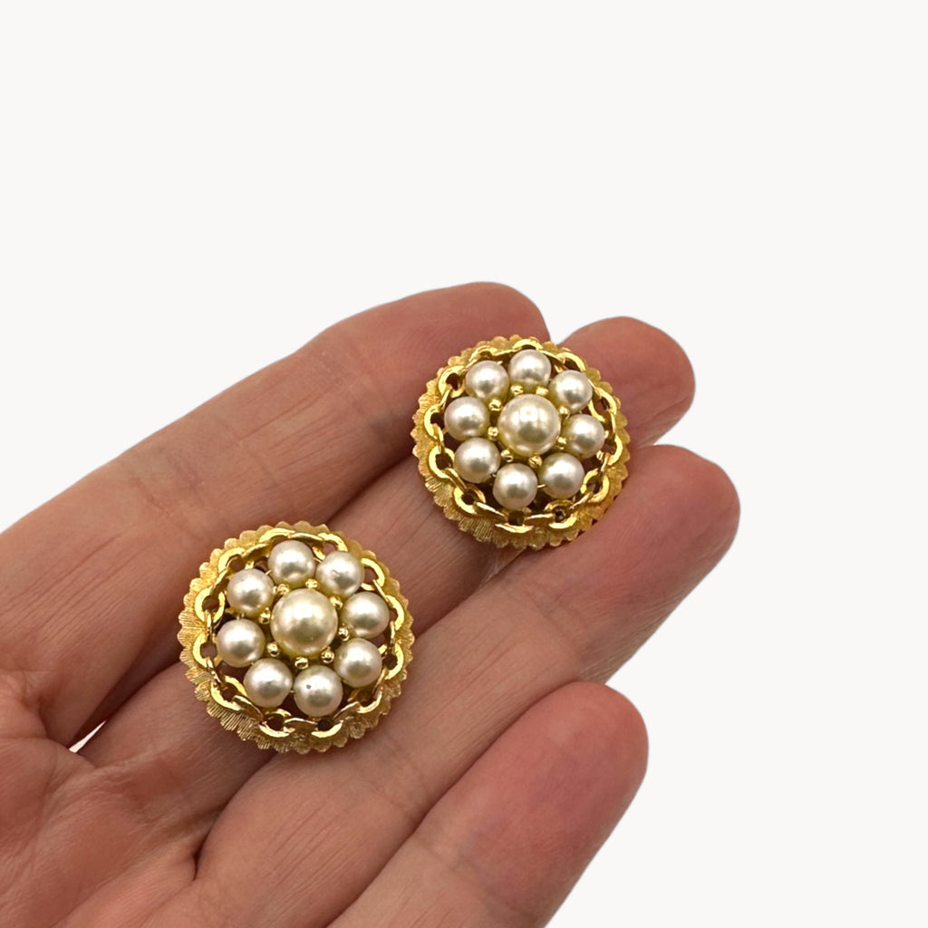 Vintage Kramer Gold Faux Pearl Cluster Clip-On Earrings Kramer
