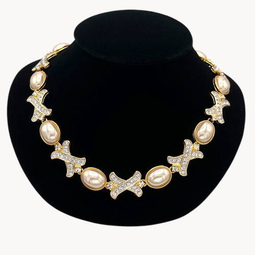 Nolan Miller Hugs and Kisses Gold Paved Rhinestone and Pearl Necklace