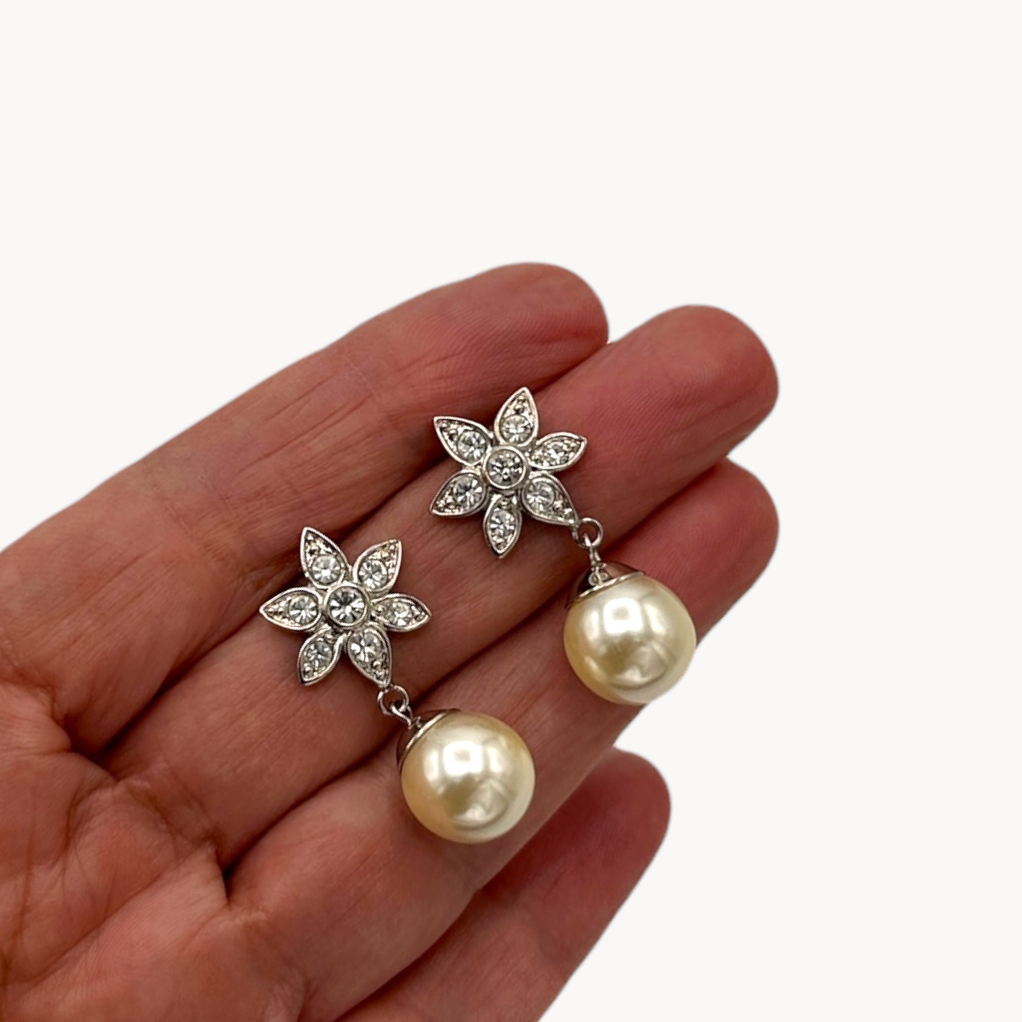 Silver Plated Floral Faux Pearl Drop Earrings