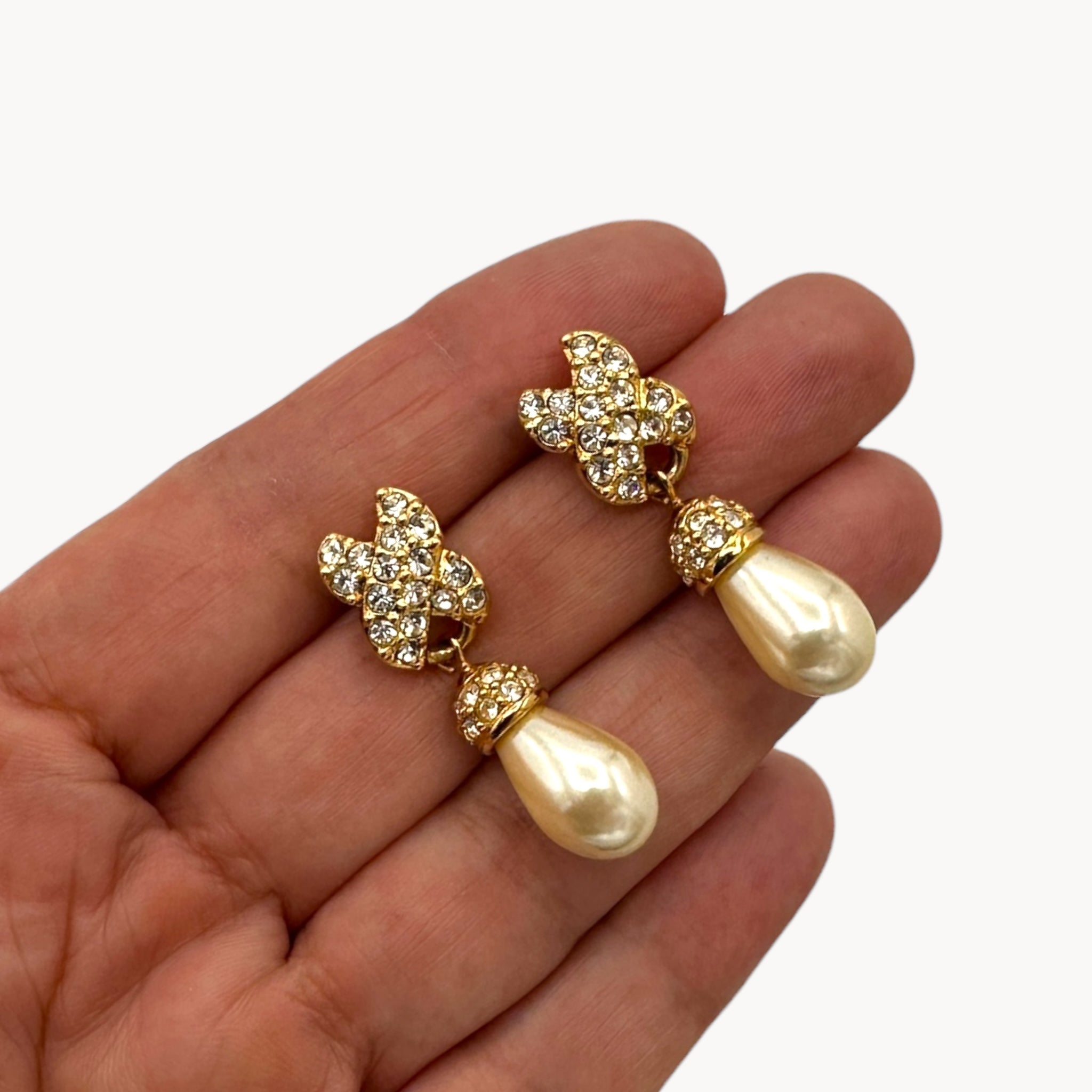 Vintage Swarovski Swan Signed Pearl Dangle Pierced Earrings Swarovski