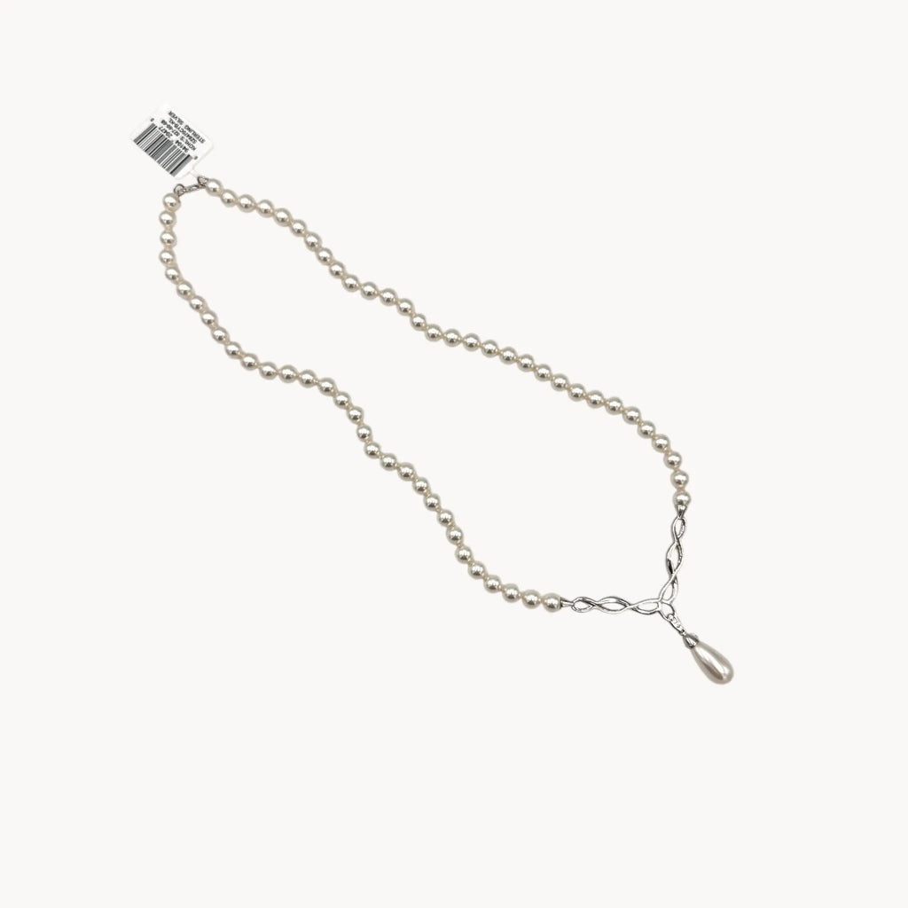 Artistique Sterling Silver Faux Pearl Strand Necklace with Rhinestone Drop Pendant