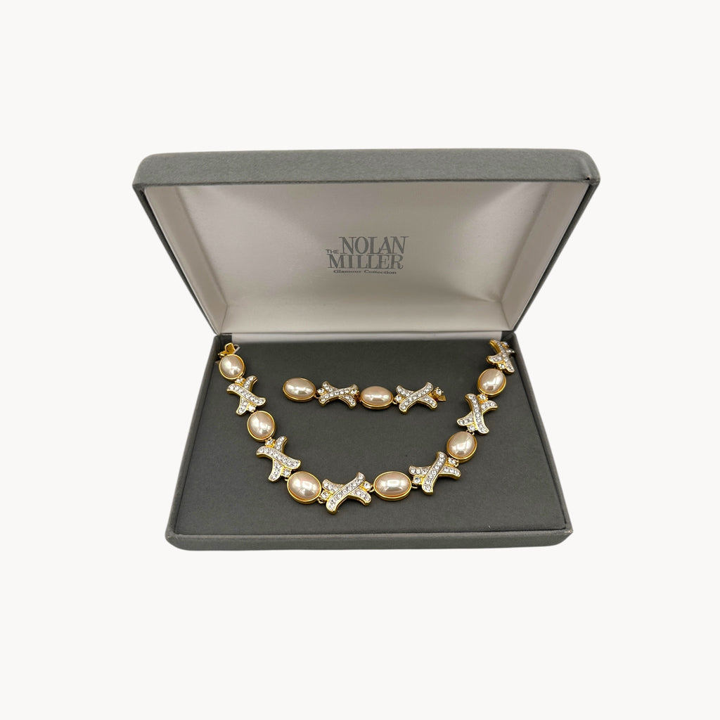 Nolan Miller Hugs and Kisses Gold Paved Rhinestone and Pearl Necklace