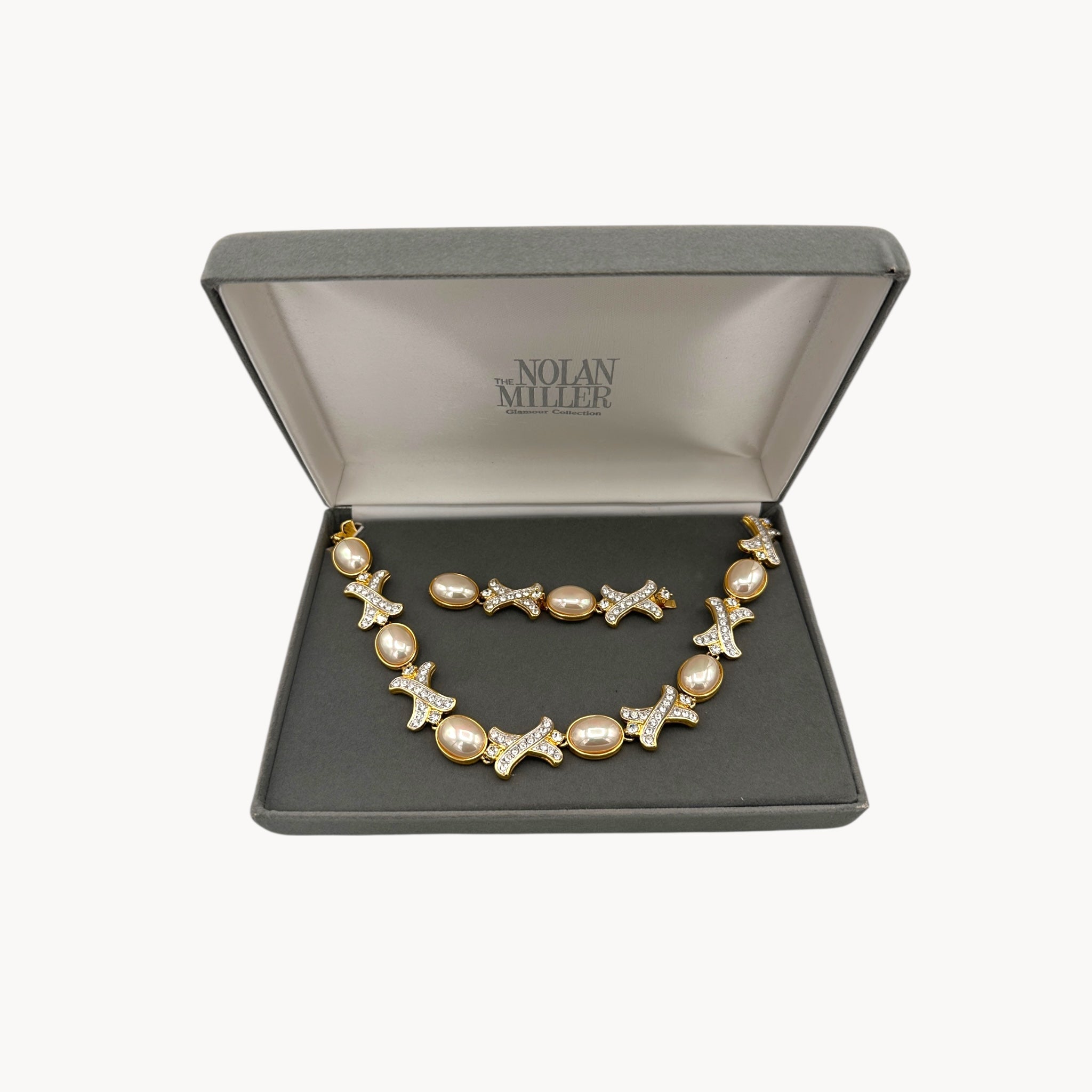 Nolan Miller Hugs and Kisses Gold Paved Rhinestone and Pearl Necklace