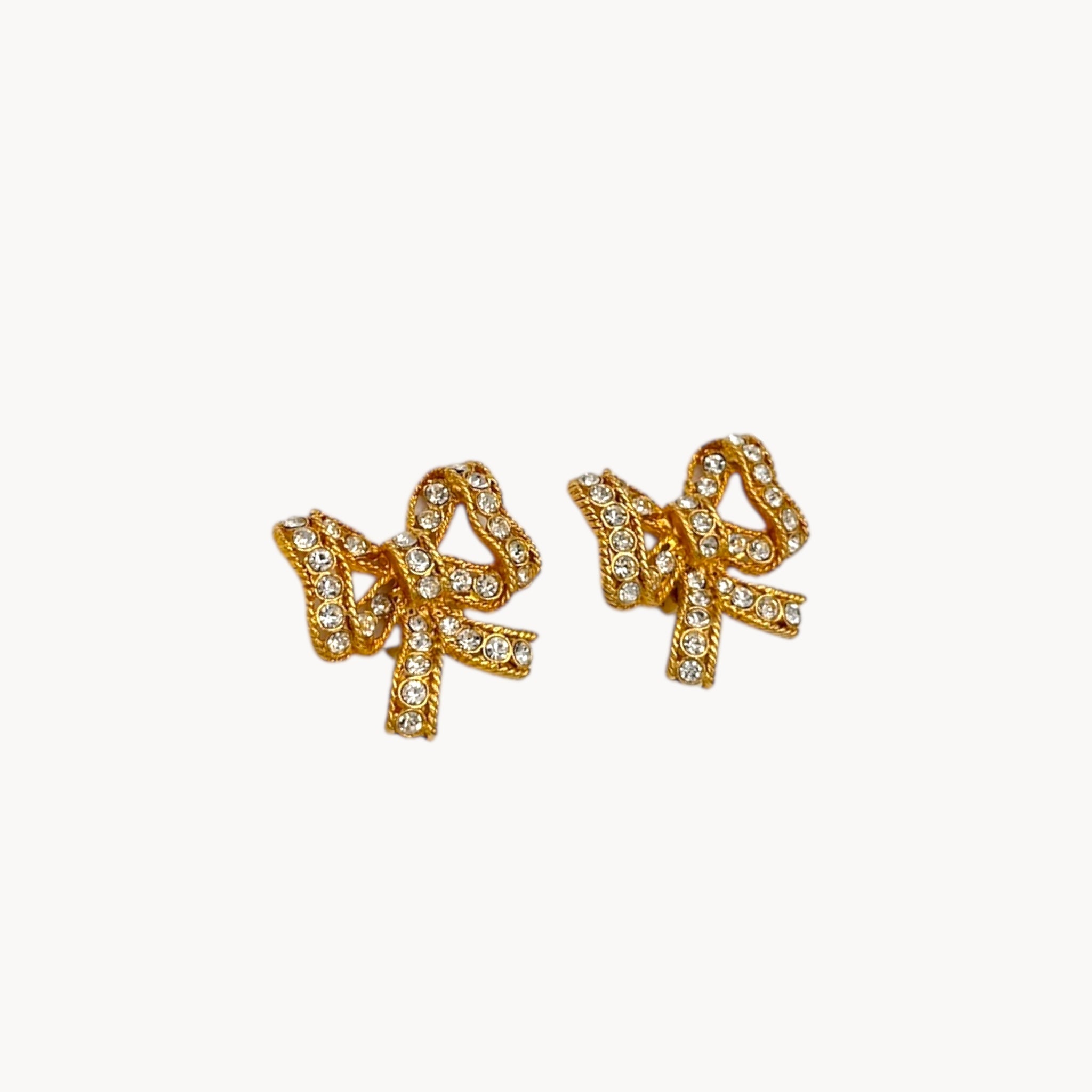 Vintage Blanca Gold Rhinestone Bow Statement Clip-On Earrings Blanca