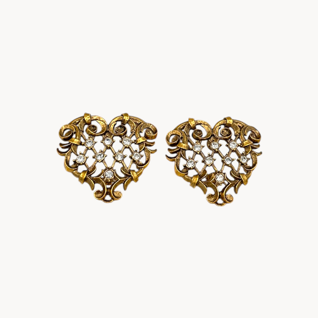 Jose Maria Barrera for Avon Marie Antoinette Antiqued Gold Heart Clip-On Earrings