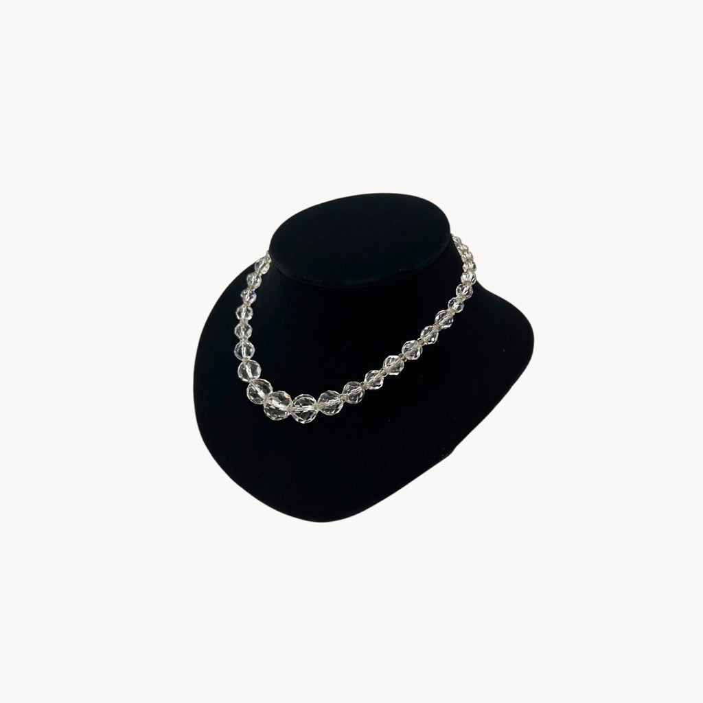 Art Deco White Gold-Filled Graduated Clear Faceted Crystal Bead Vintage 1940s Necklace