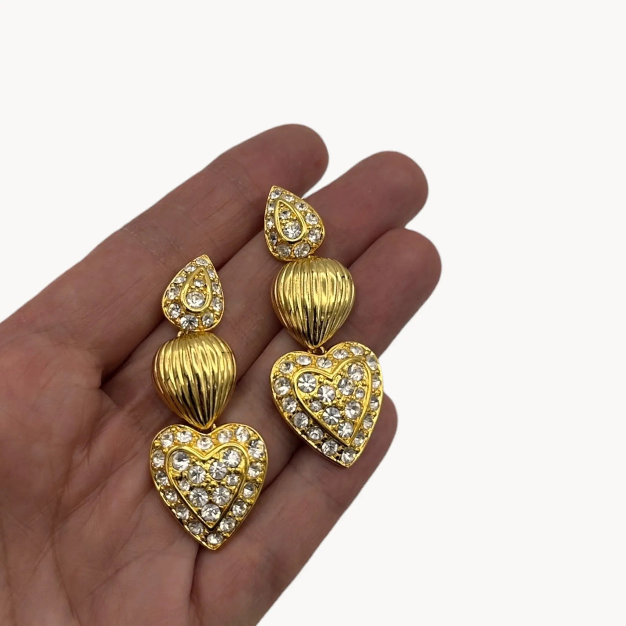 Vintage Nolan Miller Three of Heart Pave Crystal Convertible Dangle Earrings