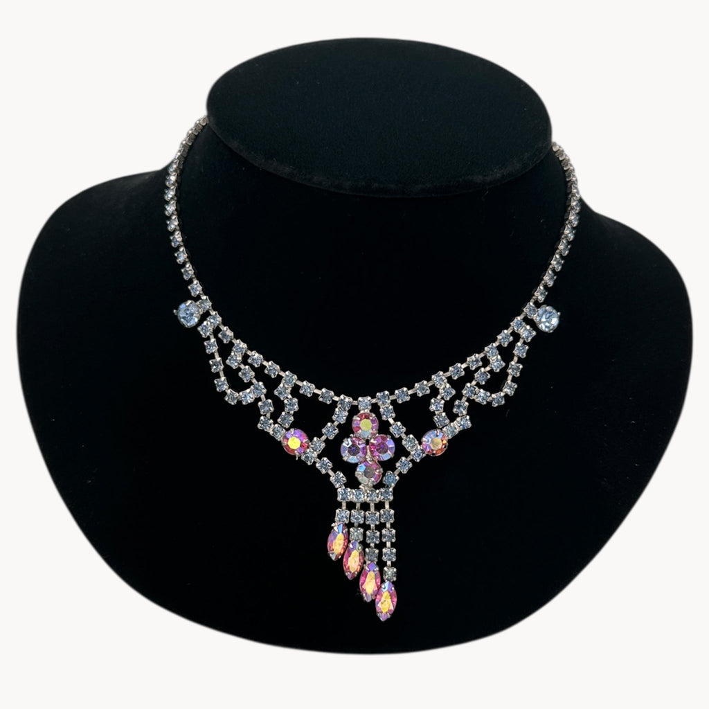 Vintage Art Deco Style Pink Aurora Borealis and Blue Rhinestone Necklace Unmarked