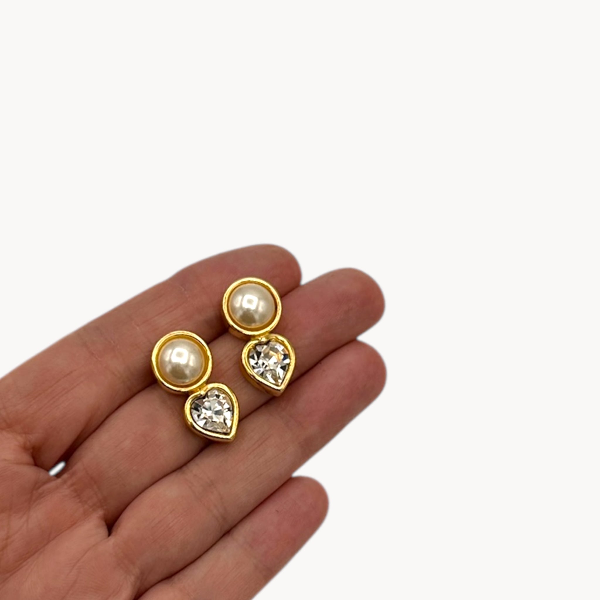 Vintage Swarovski SAL Pearl and Heart Rhinestone Pierced Earrings Swarovski