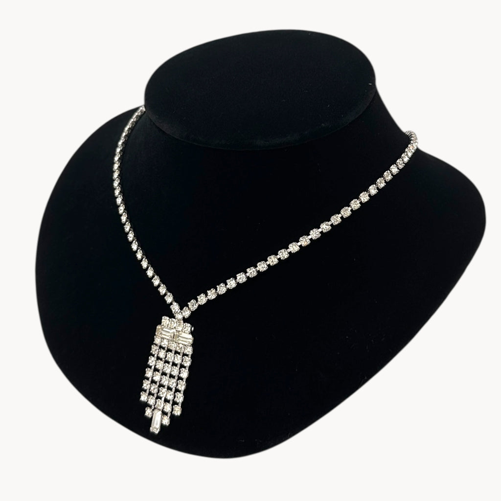 Vintage 1950s Clear Rhinestone Necklace with Art Deco Fringe Pendant