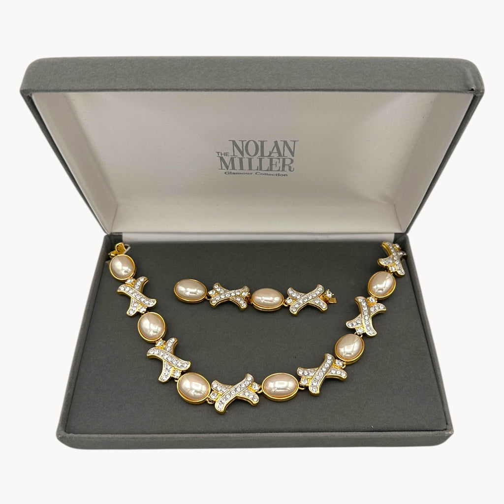 Nolan Miller Hugs and Kisses Gold Paved Rhinestone and Pearl Necklace