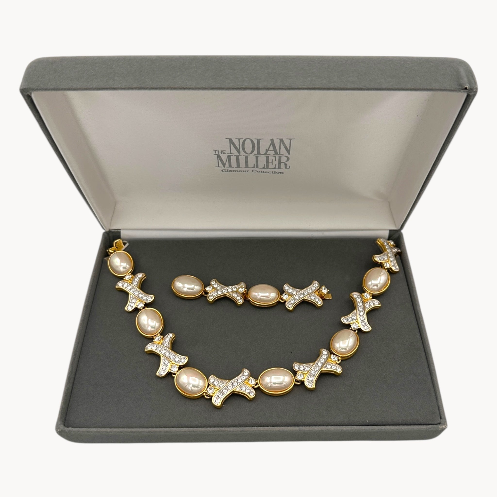 Nolan Miller Hugs and Kisses Gold Paved Rhinestone and Pearl Necklace