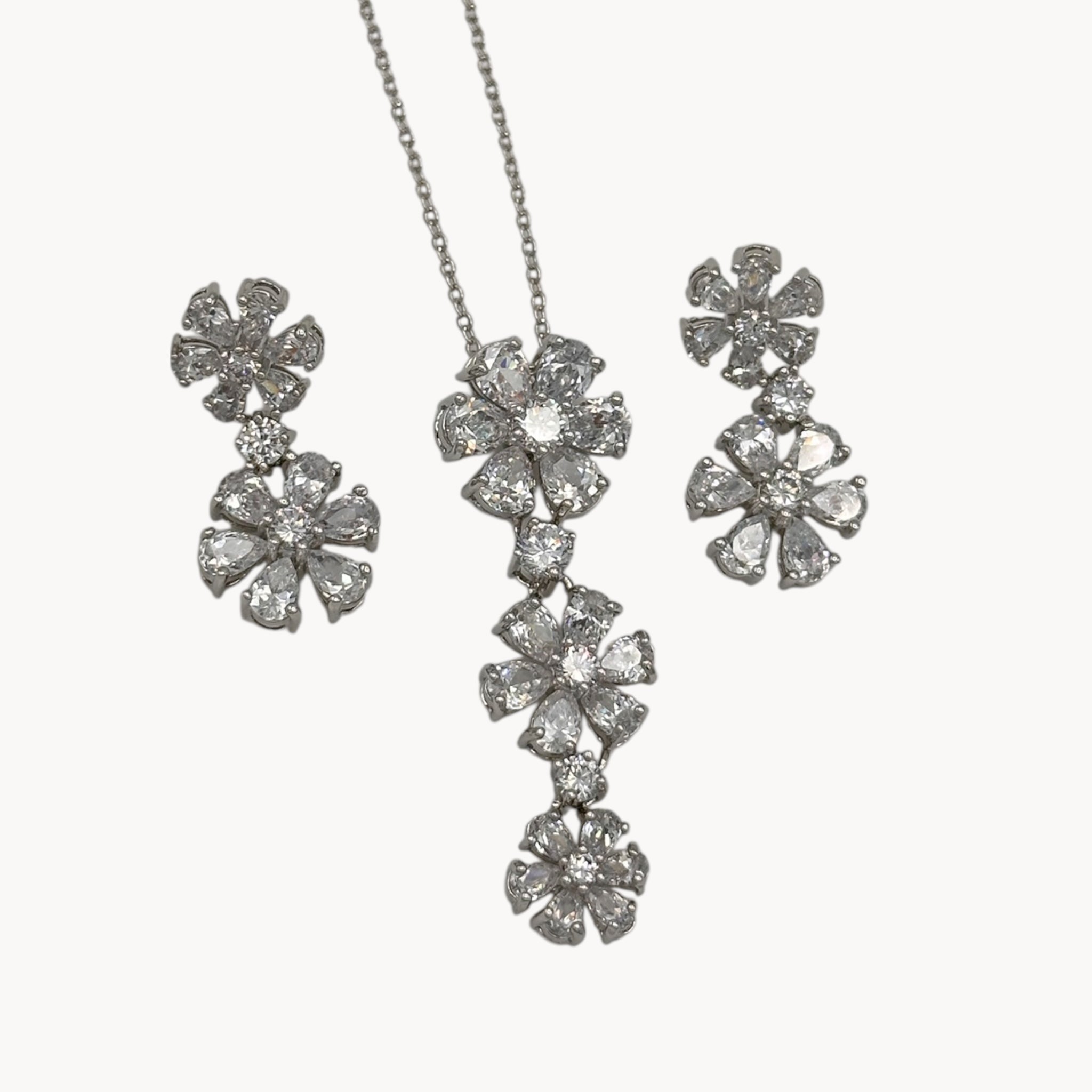 Nolan Miller Clear Crystal Flower Necklace and Pierced Earring Jewelry Set in Original Box