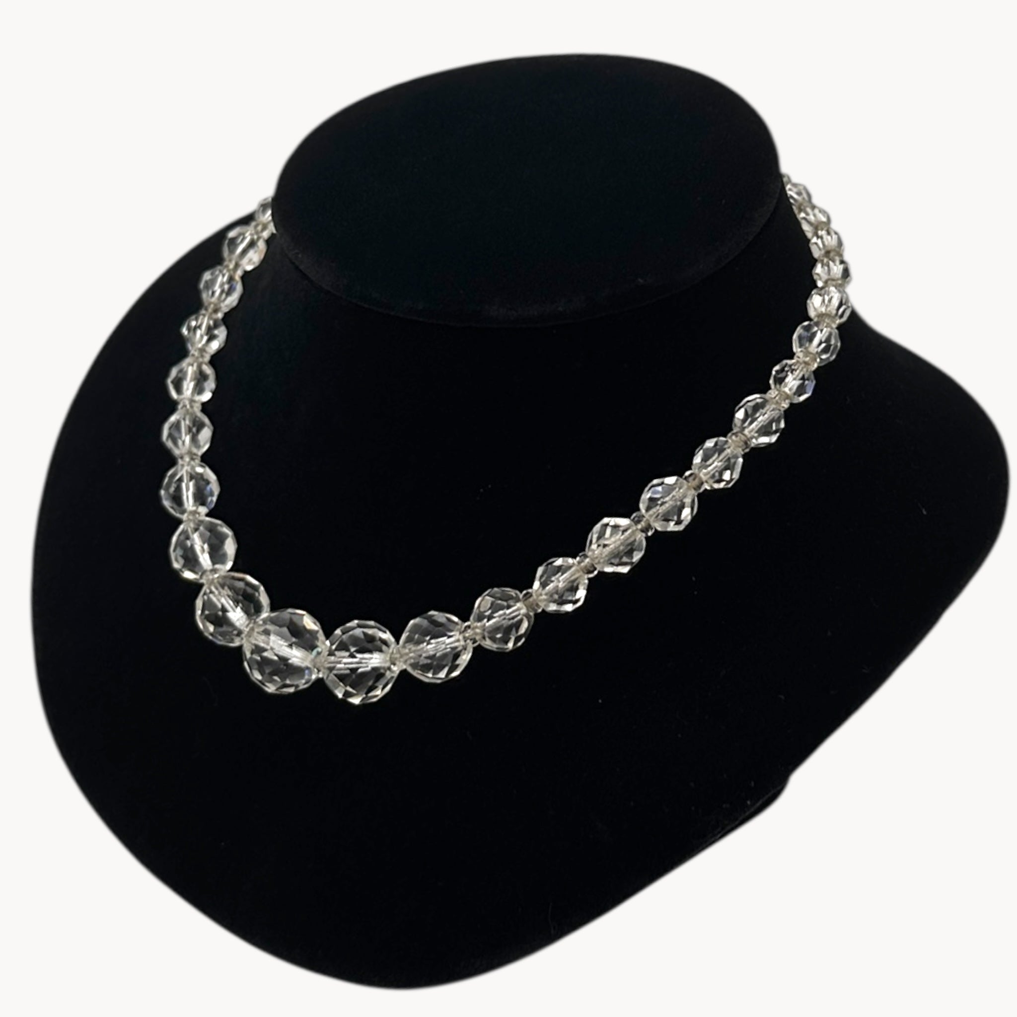 Art Deco White Gold-Filled Graduated Clear Faceted Crystal Bead Vintage 1940s Necklace