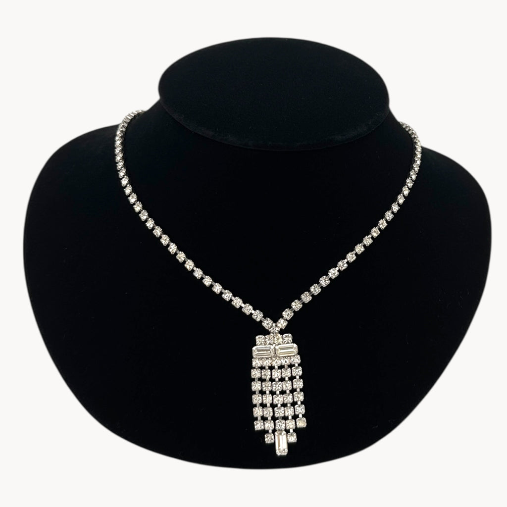 Vintage 1950s Clear Rhinestone Necklace with Art Deco Fringe Pendant