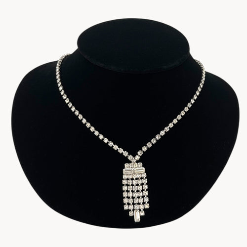 Vintage 1950s Clear Rhinestone Necklace with Art Deco Fringe Pendant