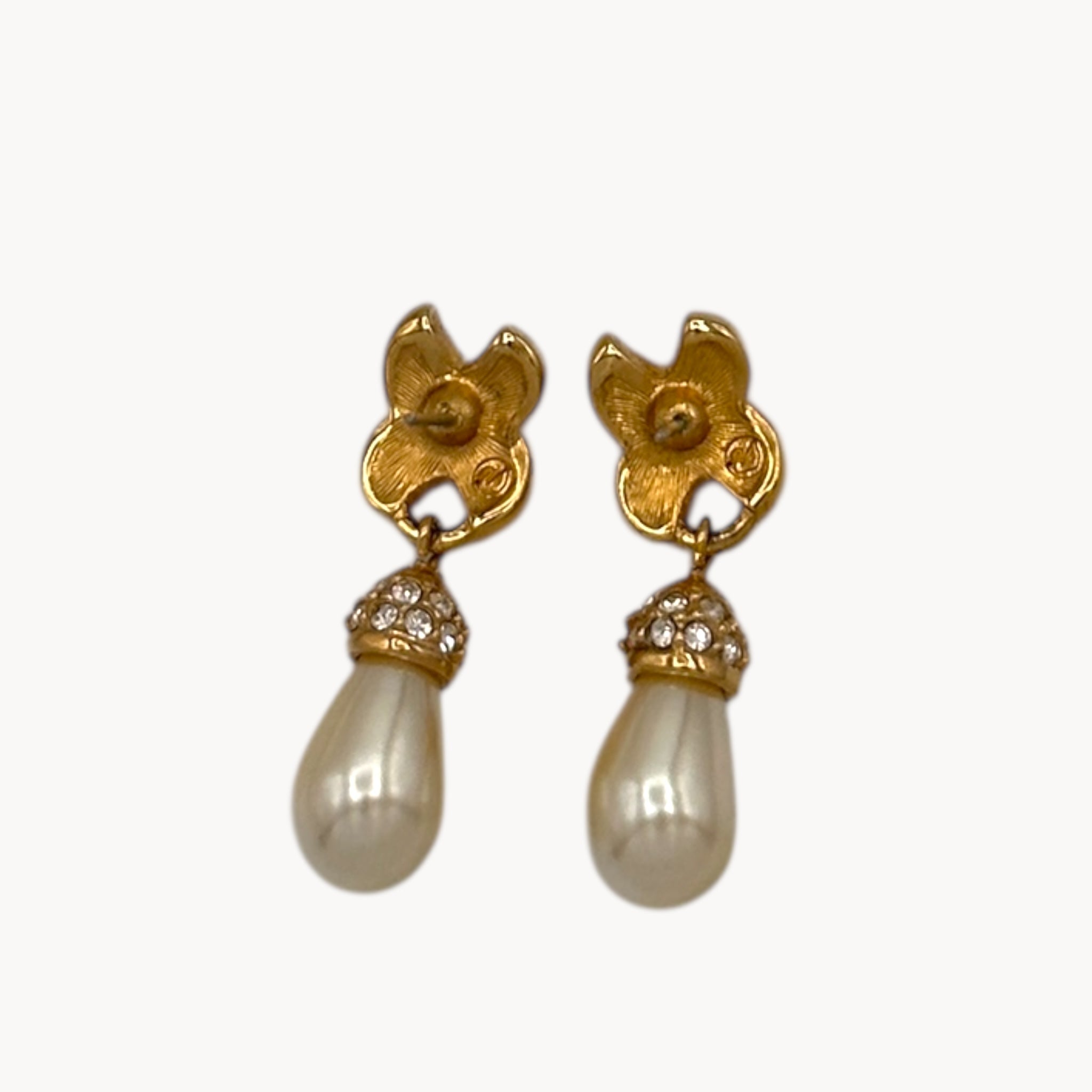 Vintage Swarovski Swan Signed Pearl Dangle Pierced Earrings Swarovski