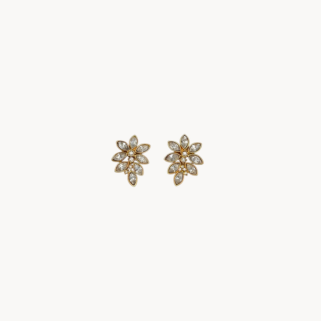 Vintage Monet Marquise Rhinestone Floral Pierced Earrings Monet