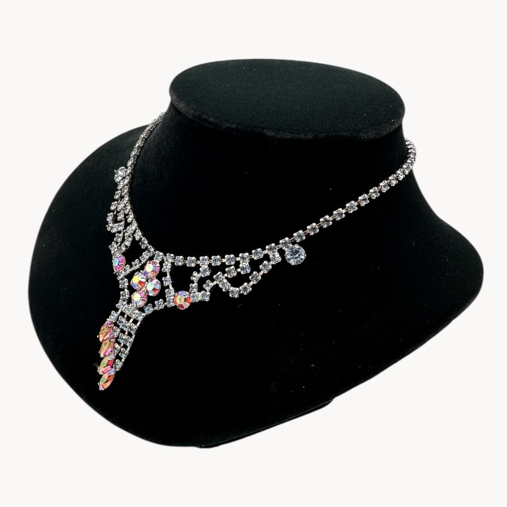 Vintage Art Deco Style Pink Aurora Borealis and Blue Rhinestone Necklace Unmarked