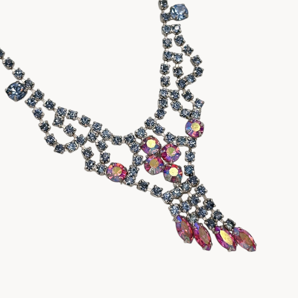 Vintage Art Deco Style Pink Aurora Borealis and Blue Rhinestone Necklace Unmarked