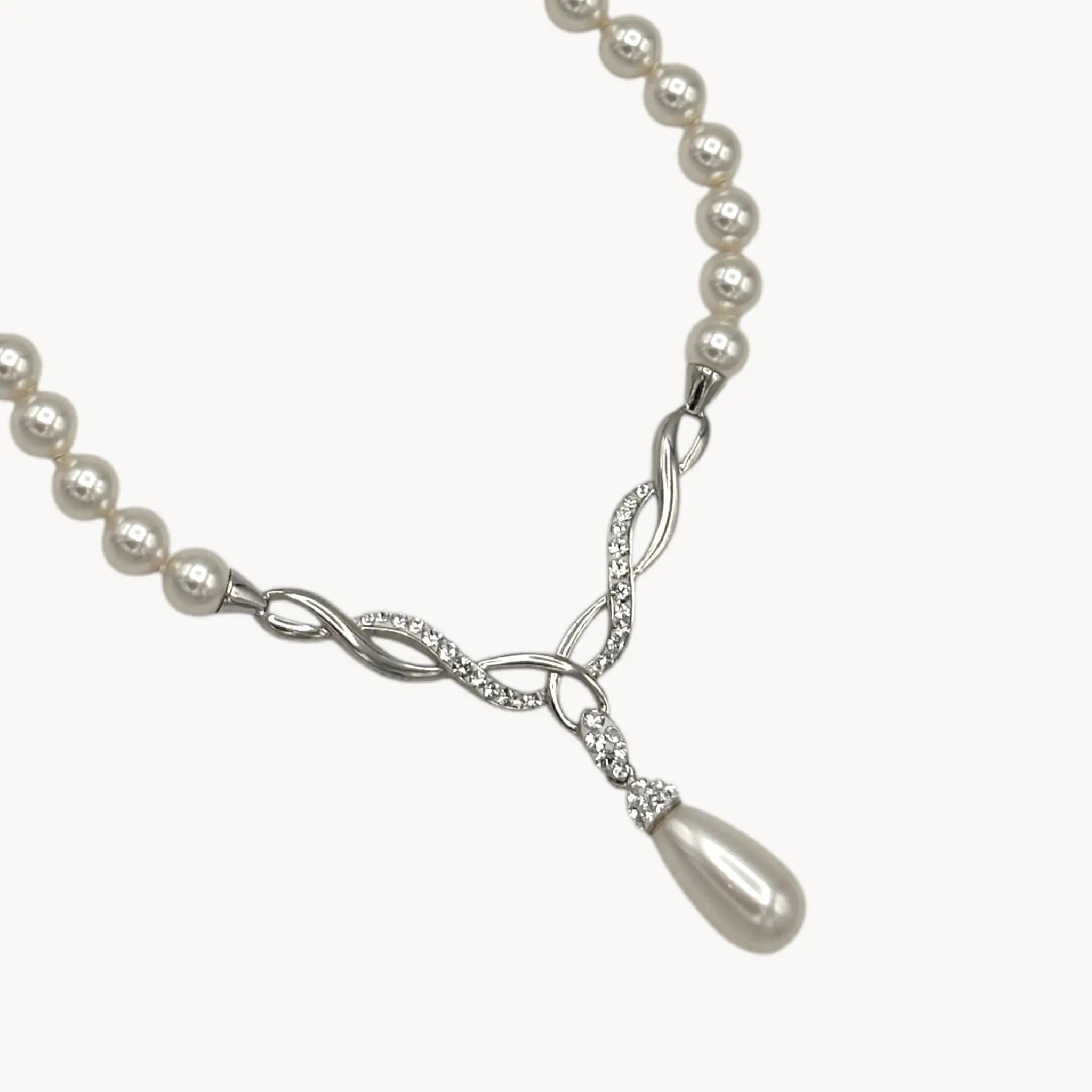 Artistique Sterling Silver Faux Pearl Strand Necklace with Rhinestone Drop Pendant