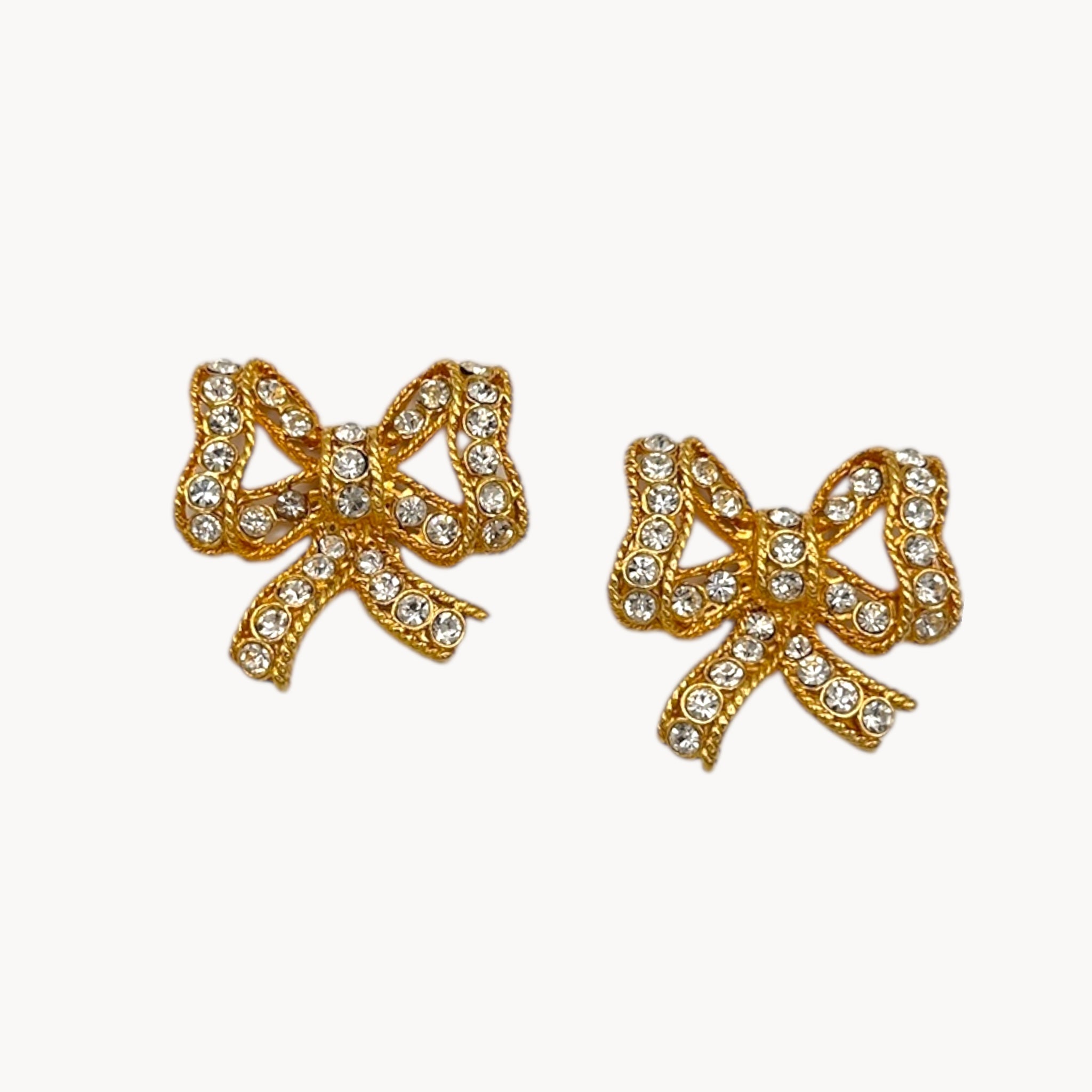 Vintage Blanca Gold Rhinestone Bow Statement Clip-On Earrings Blanca