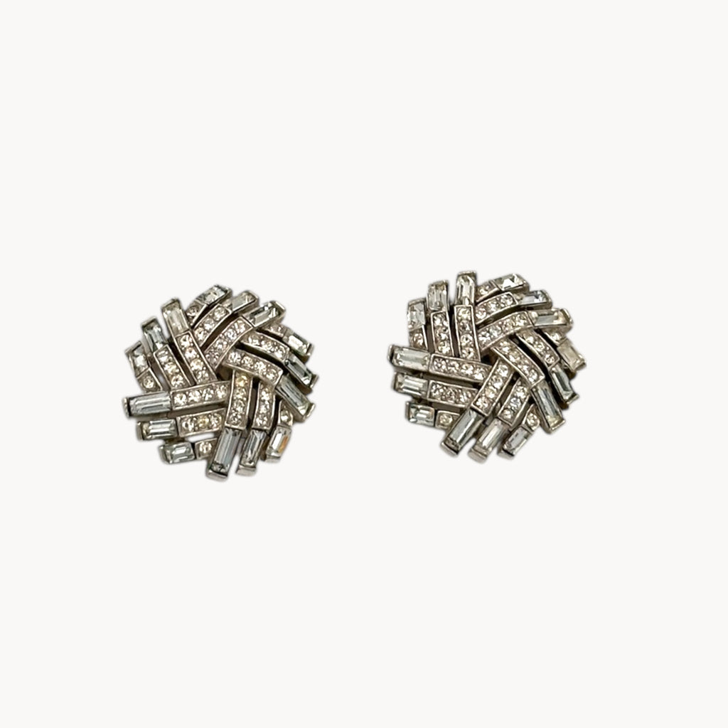 Vintage Trifari Rhinestone Basket Weave Huggie Clip-On Earrings Trifari
