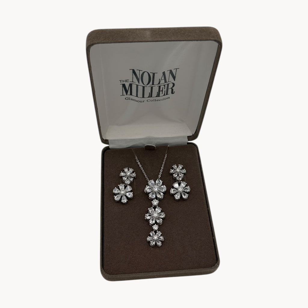 Nolan Miller Clear Crystal Flower Necklace and Pierced Earring Jewelry Set in Original Box