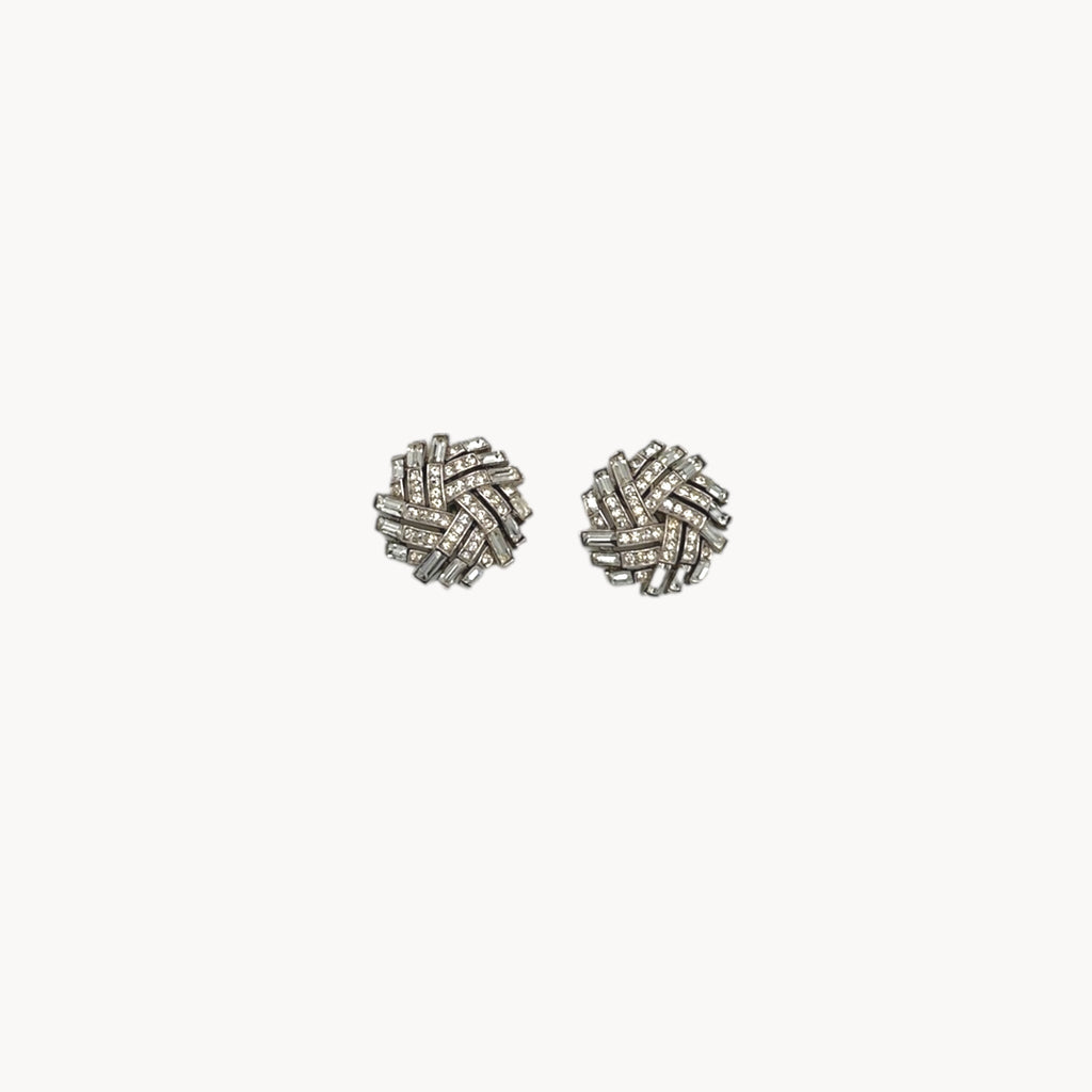 Vintage Trifari Rhinestone Basket Weave Huggie Clip-On Earrings Trifari