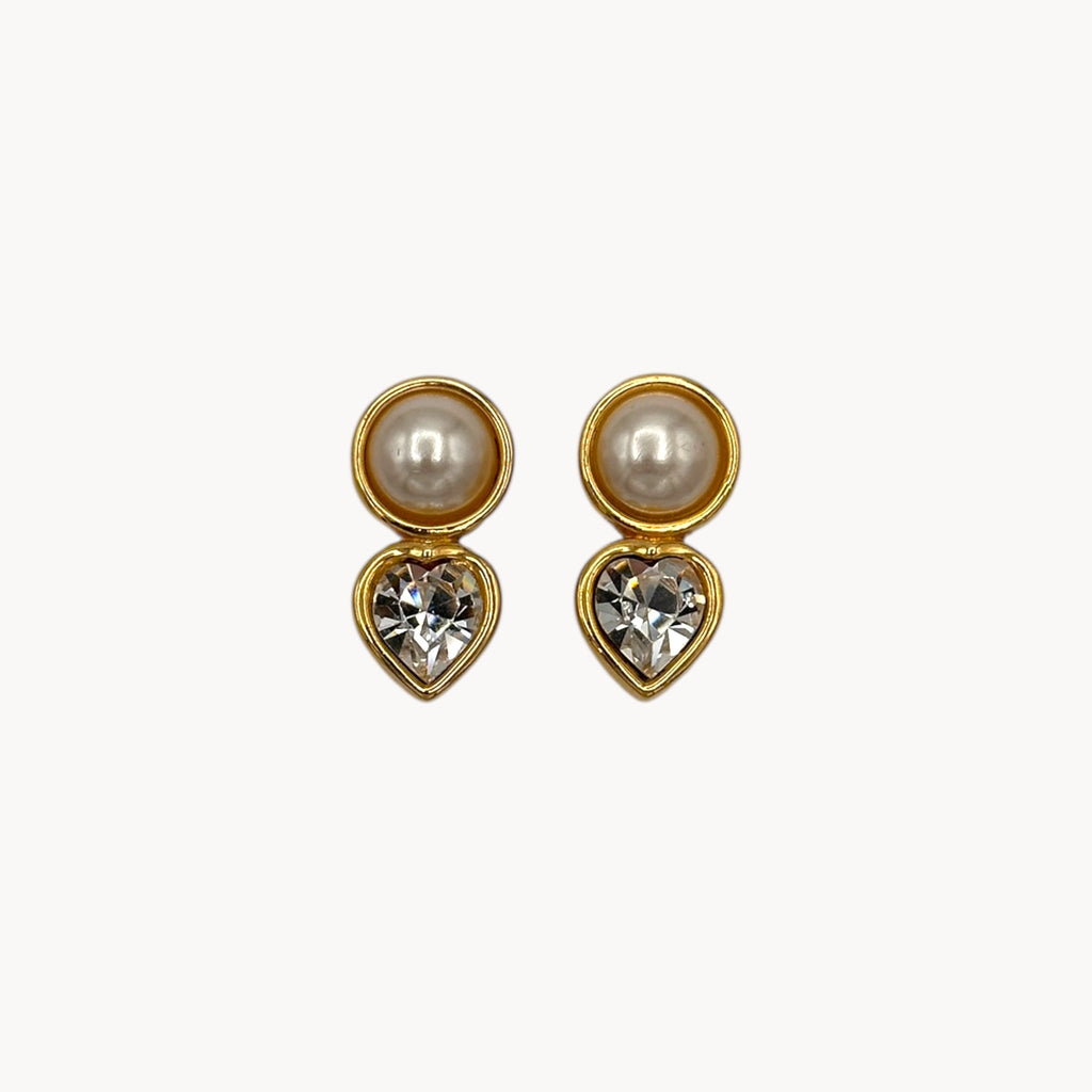 Vintage Swarovski SAL Pearl and Heart Rhinestone Pierced Earrings Swarovski