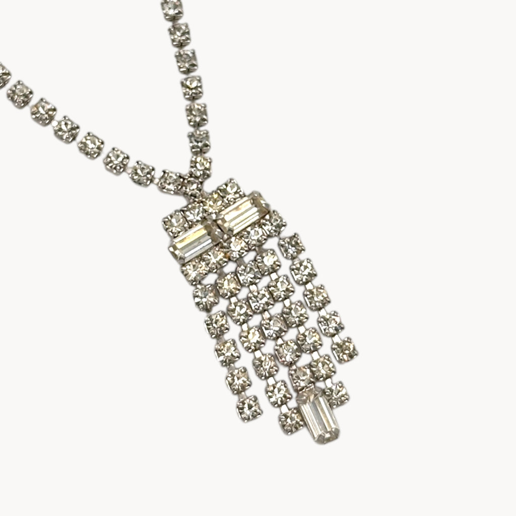 Vintage 1950s Clear Rhinestone Necklace with Art Deco Fringe Pendant