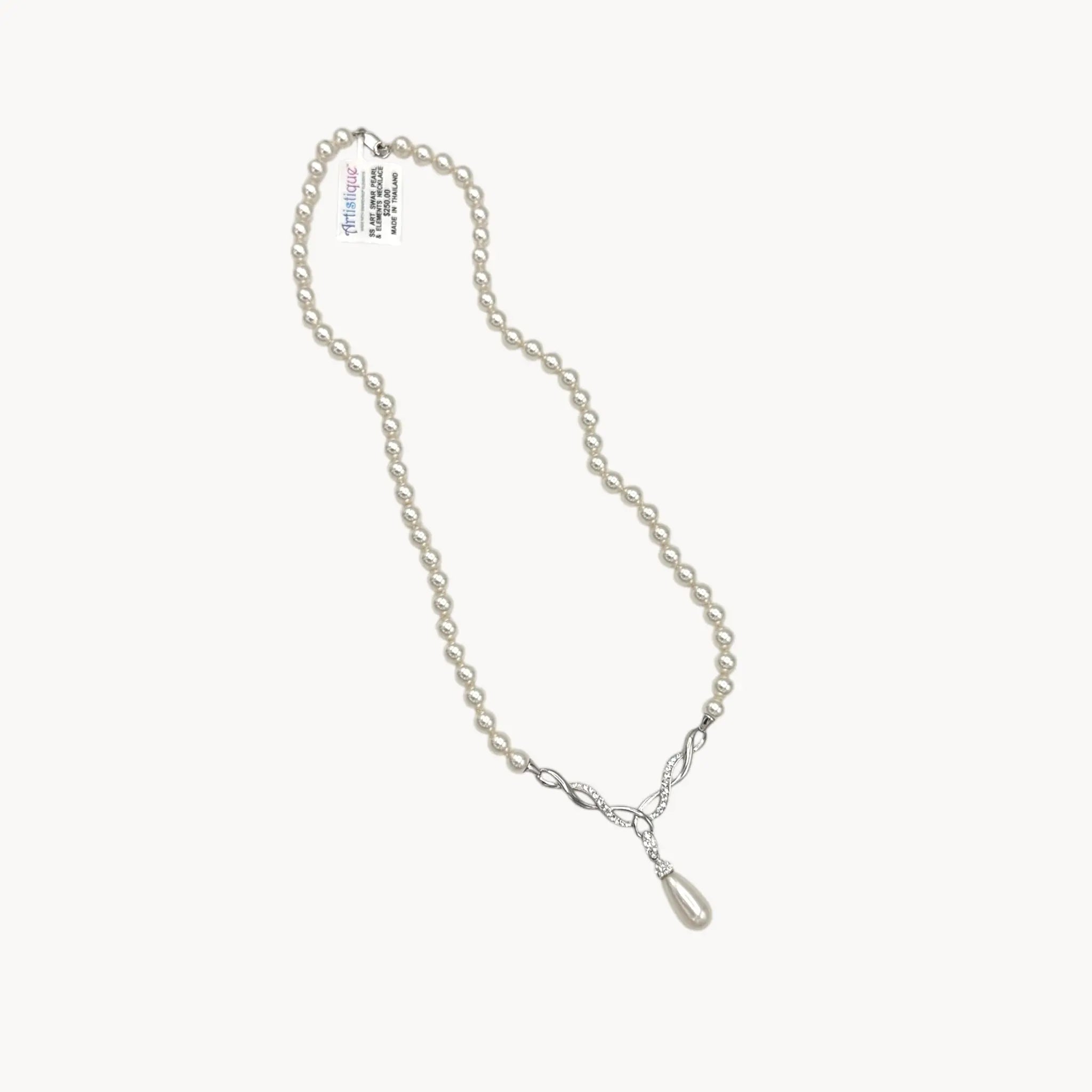 Artistique Sterling Silver Faux Pearl Strand Necklace with Rhinestone Drop Pendant