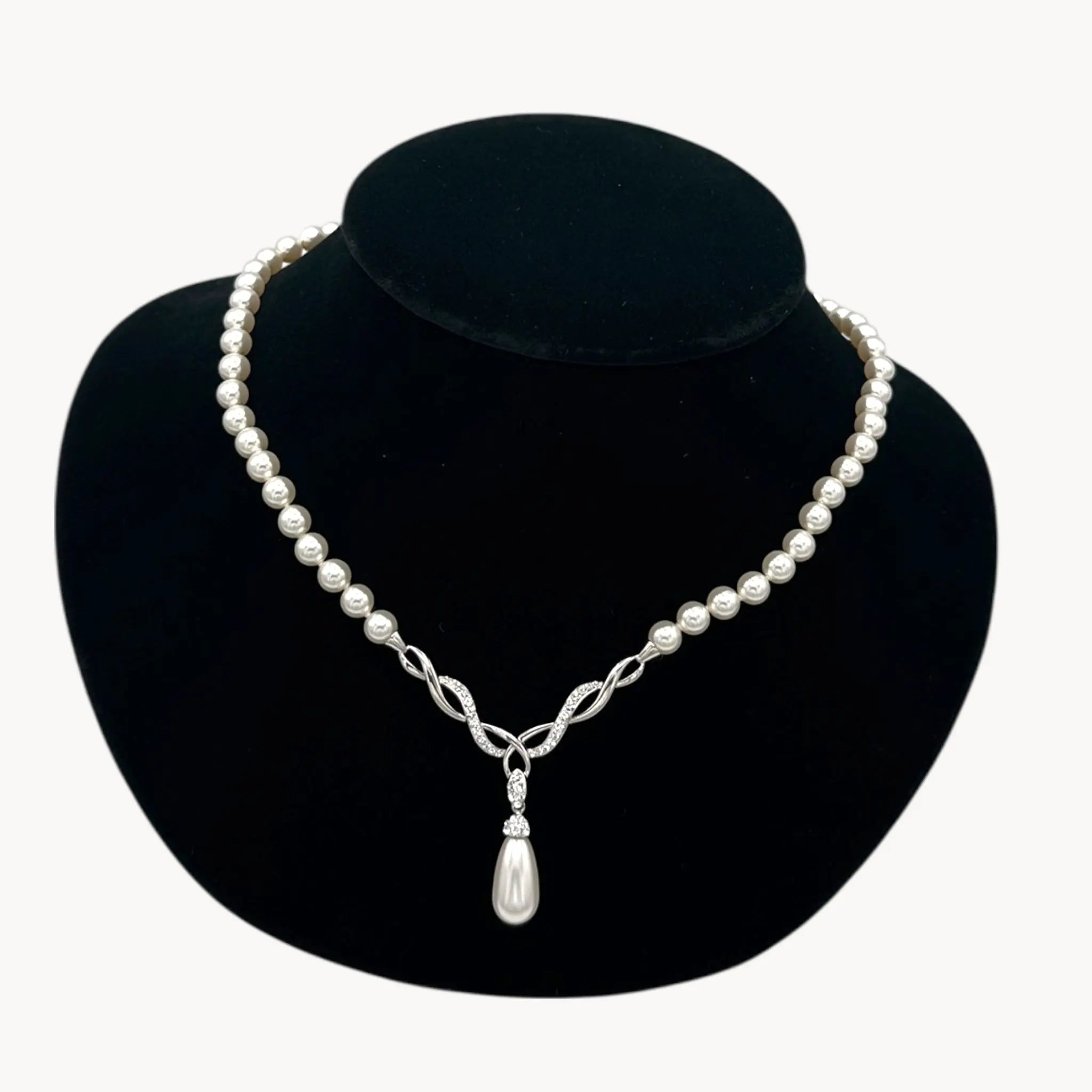 Artistique Sterling Silver Faux Pearl Strand Necklace with Rhinestone Drop Pendant