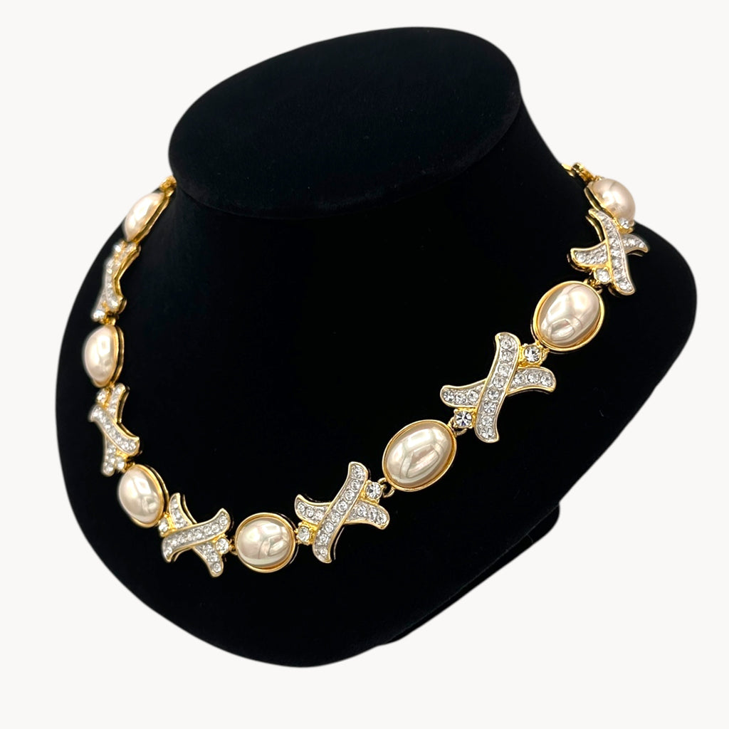 Nolan Miller Hugs and Kisses Gold Paved Rhinestone and Pearl Necklace