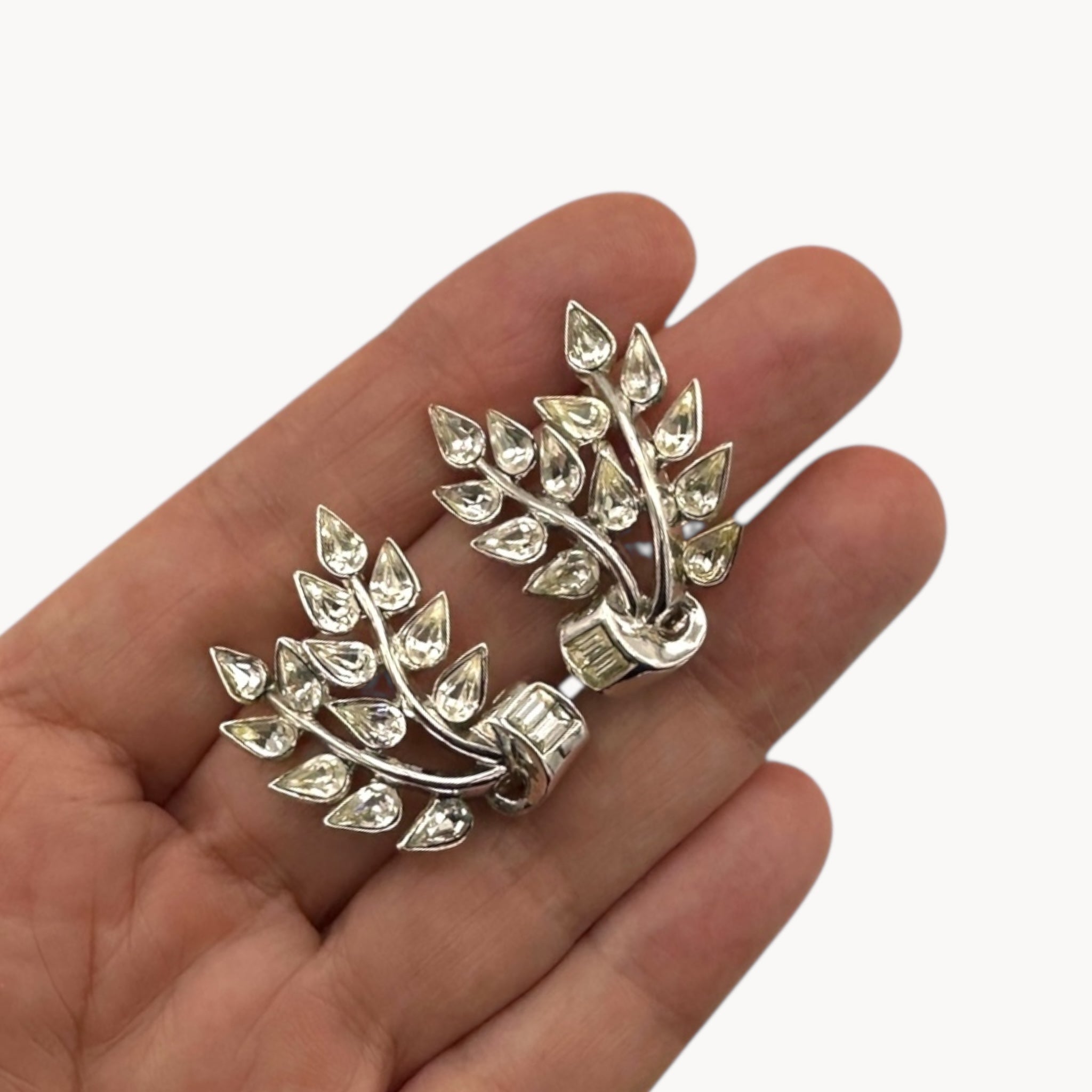 Vintage Trifari Floral Rhinestone Crawler Clip-On Earrings Trifari