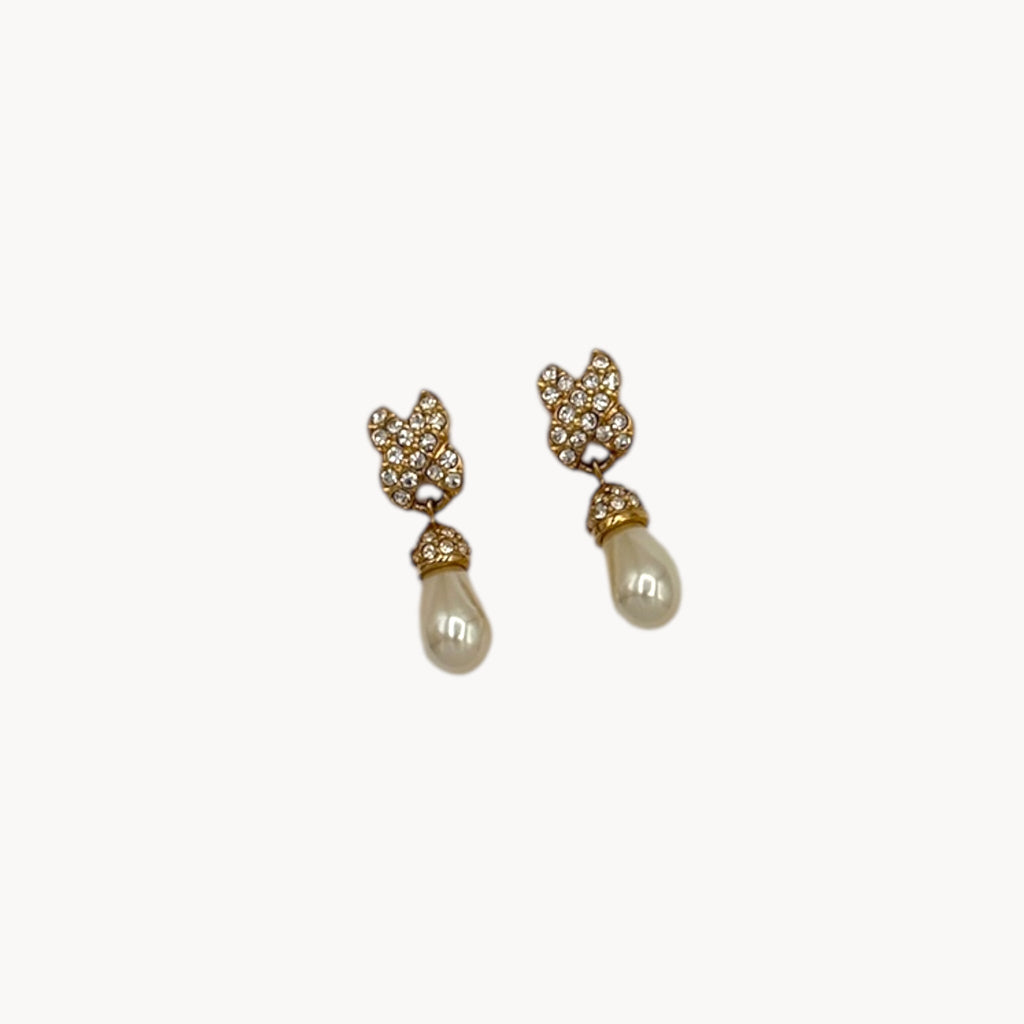 Vintage Swarovski Swan Signed Pearl Dangle Pierced Earrings Swarovski