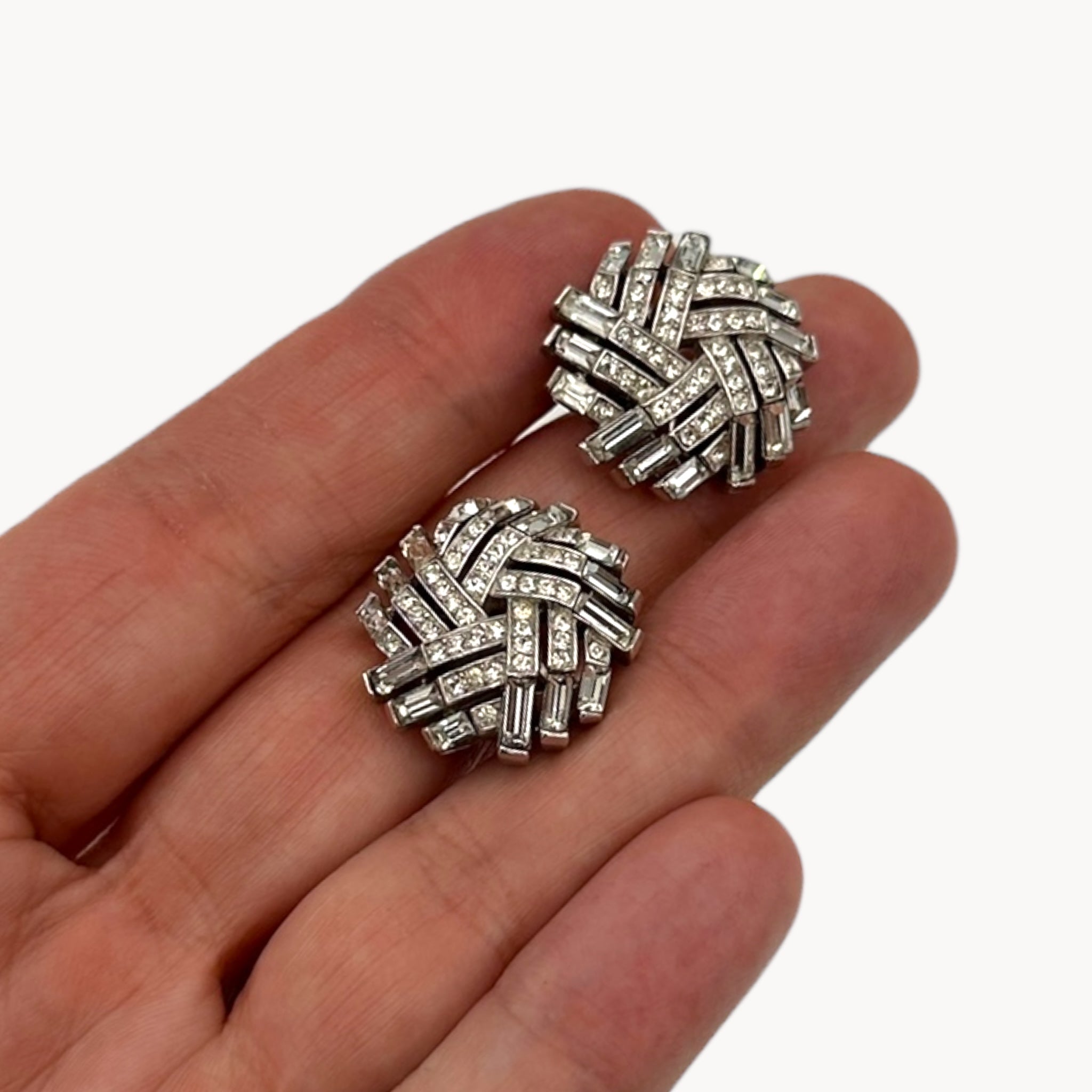 Vintage Trifari Rhinestone Basket Weave Huggie Clip-On Earrings Trifari