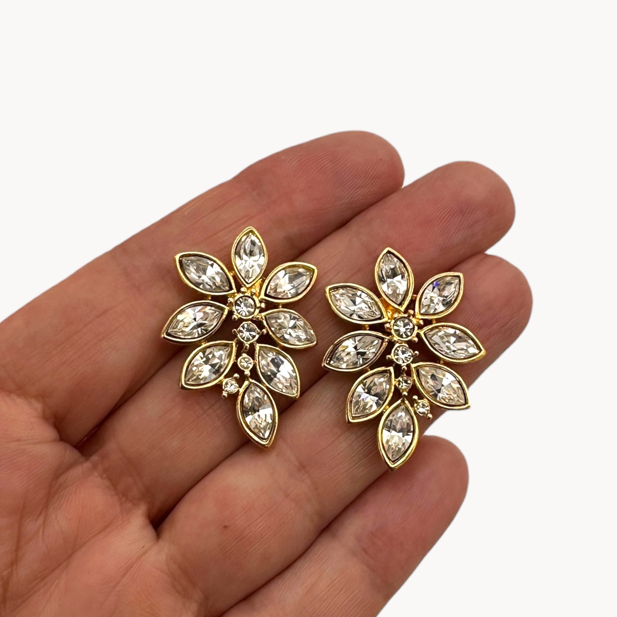 Vintage Monet Marquise Rhinestone Floral Pierced Earrings Monet
