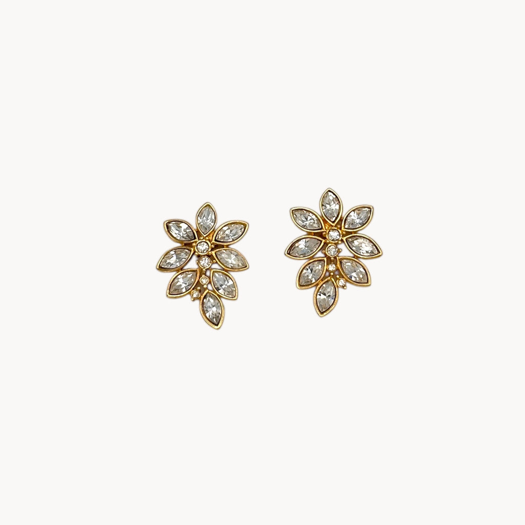 Vintage Monet Marquise Rhinestone Floral Pierced Earrings Monet