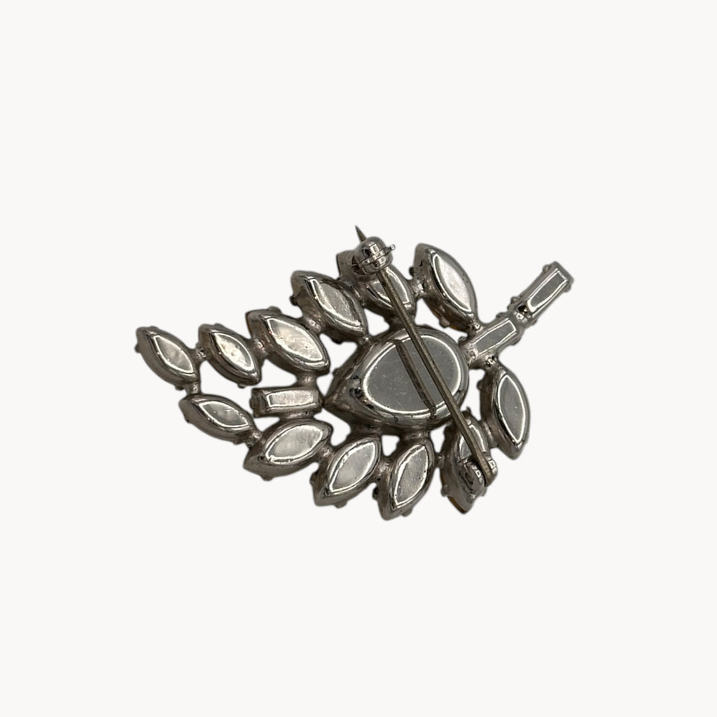 Mid-Century Rhinestone Leaf Floral Brooch