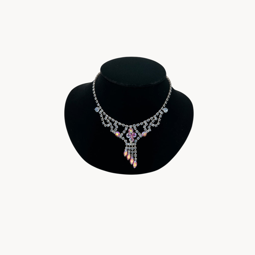 Vintage Art Deco Style Pink Aurora Borealis and Blue Rhinestone Necklace Unmarked