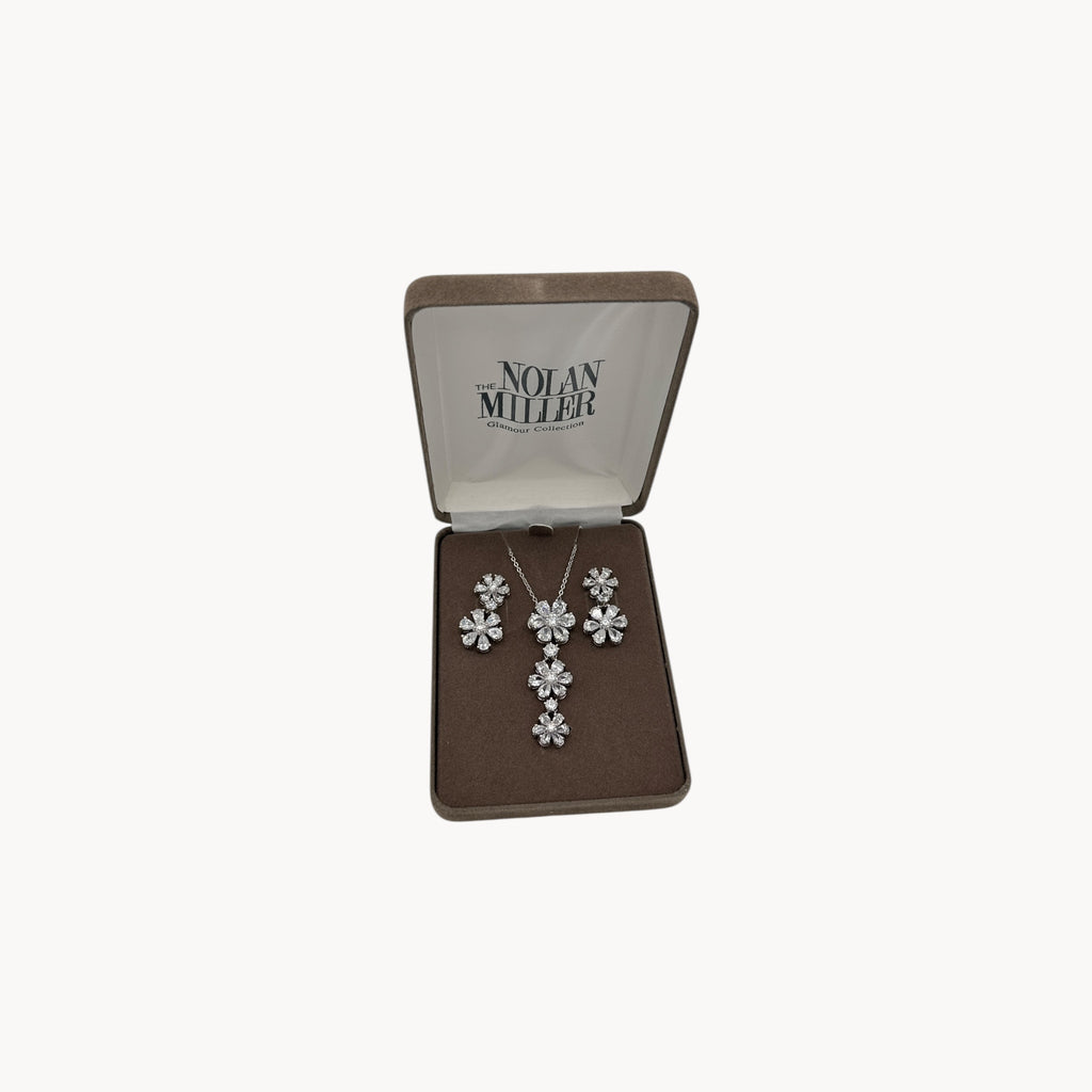 Nolan Miller Clear Crystal Flower Necklace and Pierced Earring Jewelry Set in Original Box