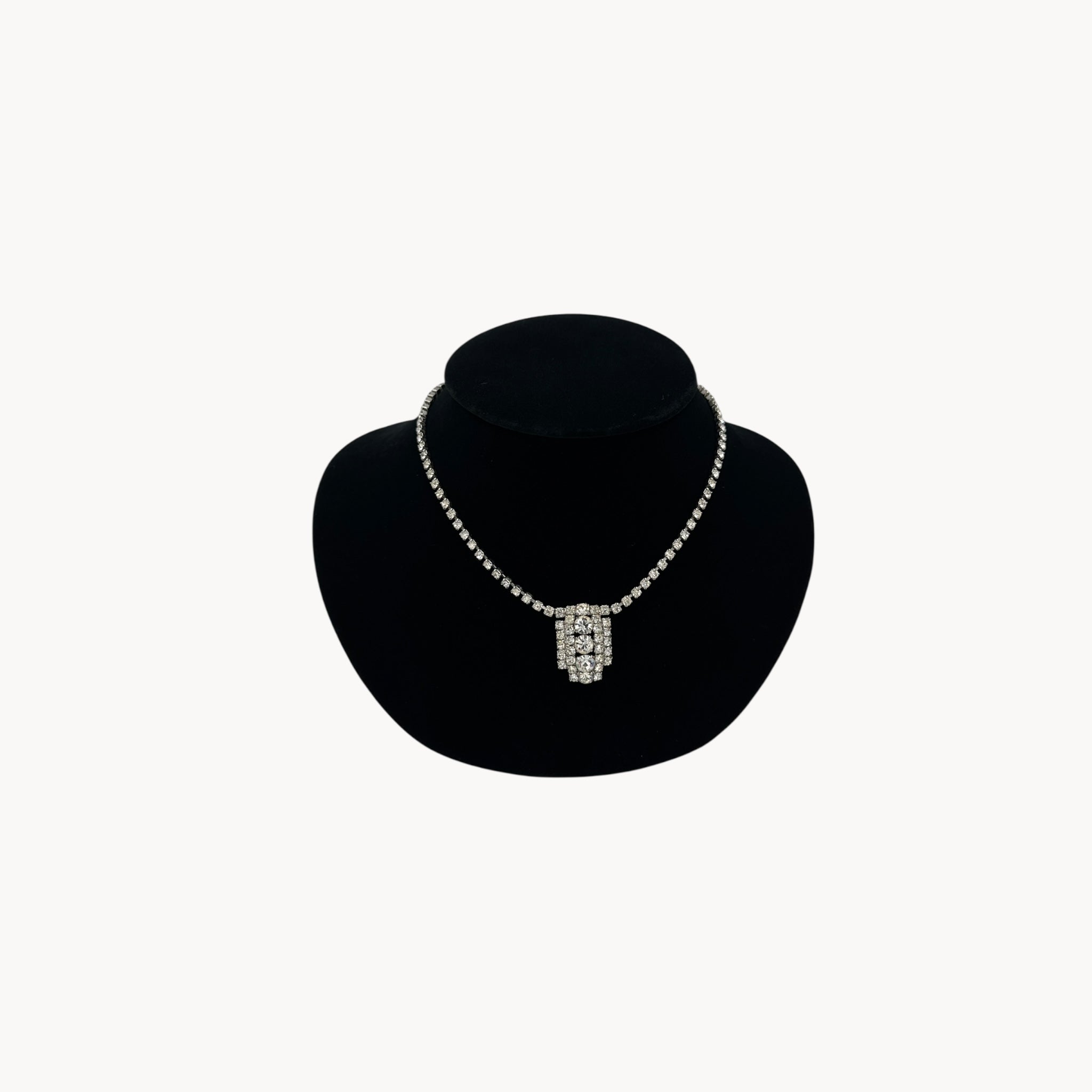 1950s Art Deco style rhinestone necklace with geometric pendant drop, vintage mid-century bridal jewelry
